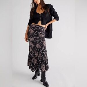 Free People Backseat Glamour Floral Midi Skirt Black Combo Handkerchief Hem Boho